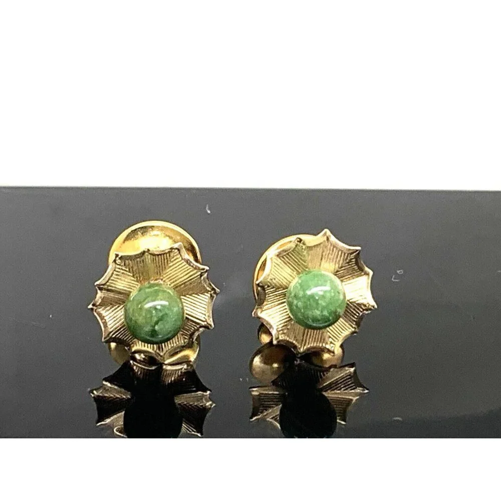Earrings Pendant Set 14k Yellow Gold Green Gemstone 6mm Women's Estate Jewelry